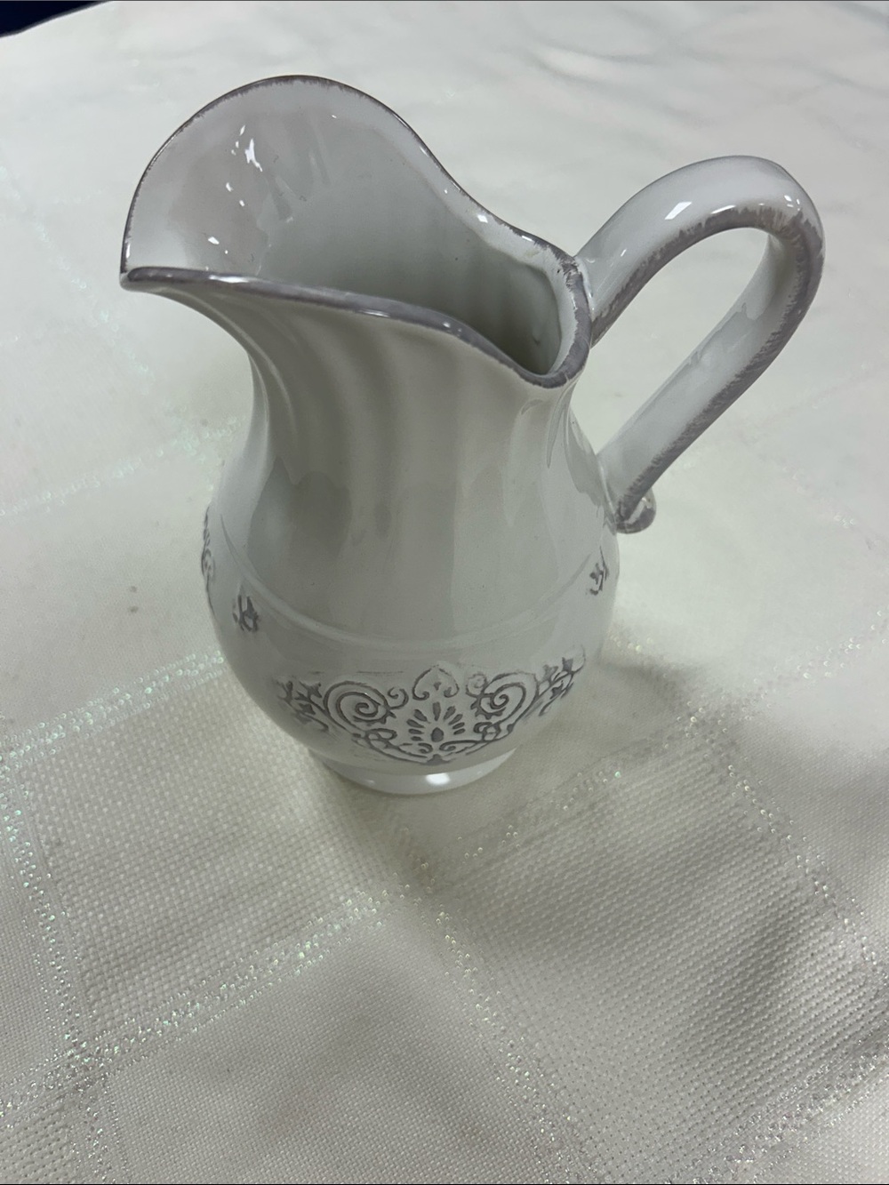 Classic White Ceramic Pitcher with Silver Scroll Accent